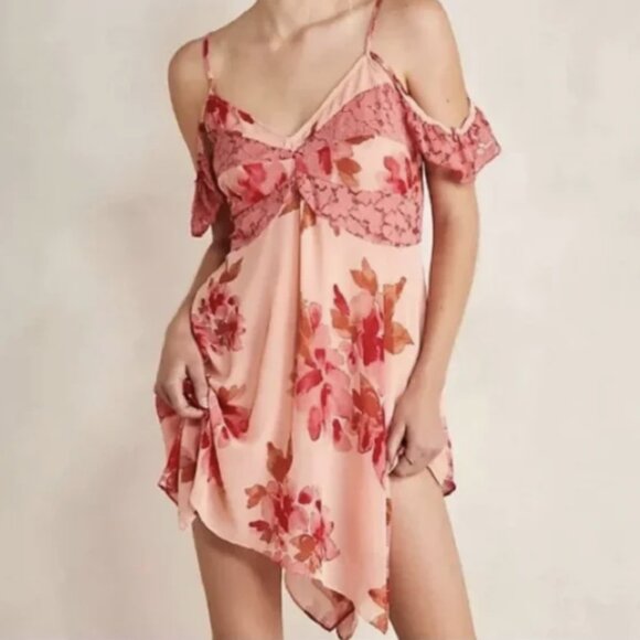 Free People Chemise Sz L Monday Morning Trapeze Coral Pink Roses Slip Dress - Picture 1 of 10